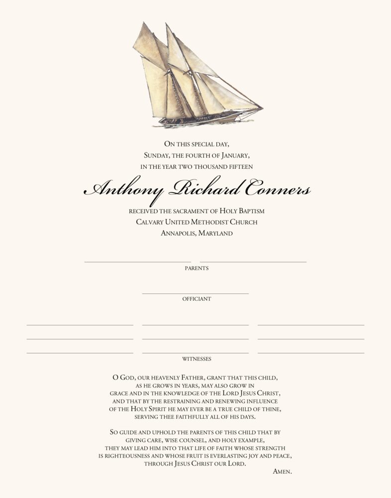 Sailboat Christian Child Baptism and Christening Certificates